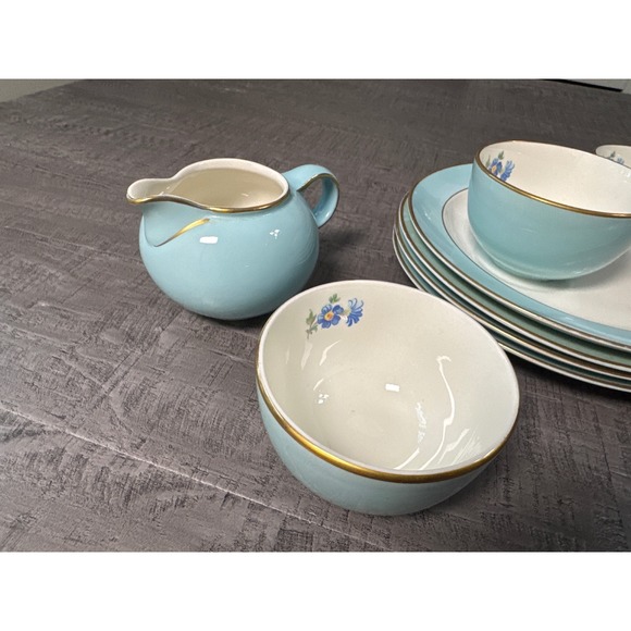 Vintage Hall China Blue Bell Set No. 1 – 1940s Floral Aqua & Gold Tea Set for 4 - Picture 1 of 11